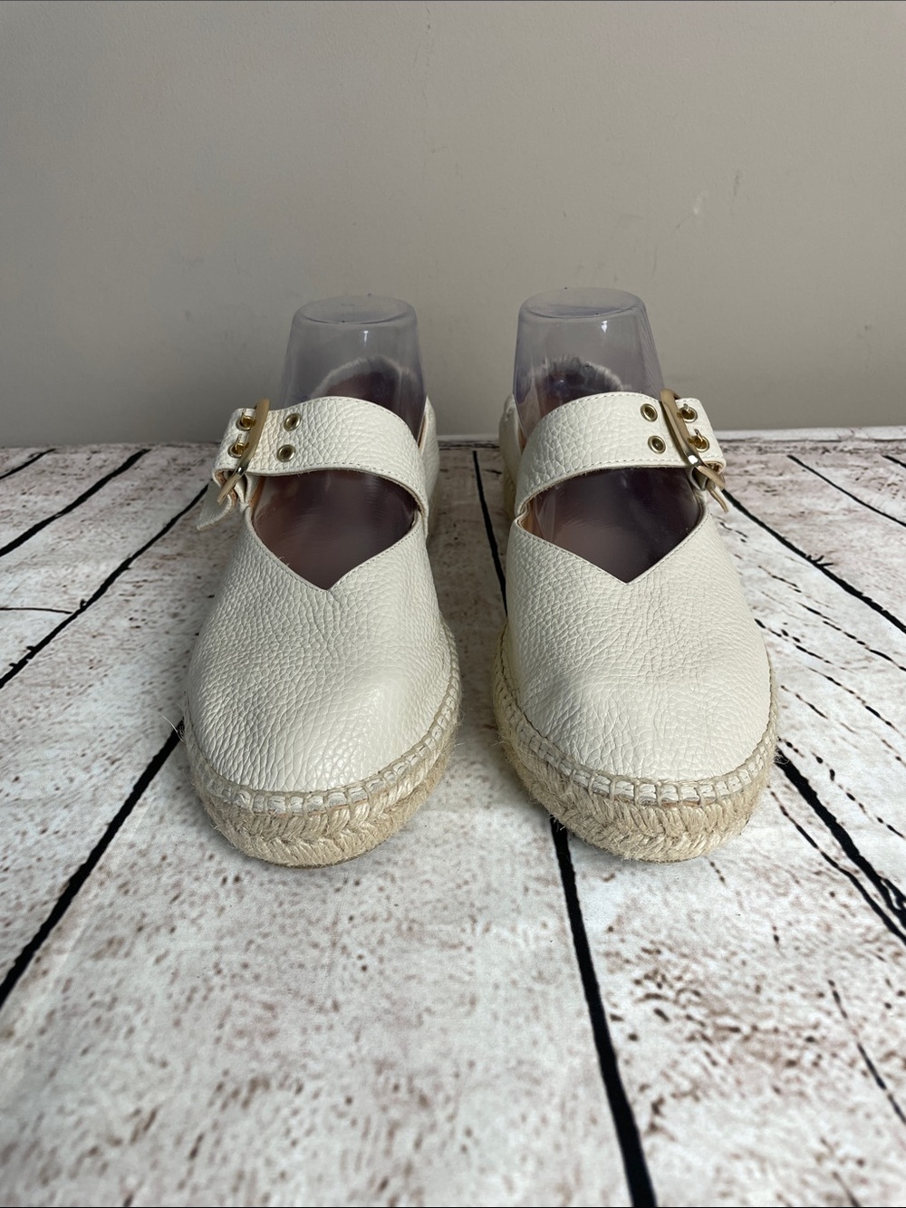 Jutelia Leather Women's 10.5-11 Cream Espadrille Mary Jane Buckle Strap Flats